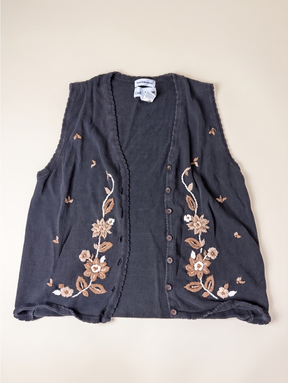 croft & barrow Black Embroidered Floral Button-Front Women's Vest